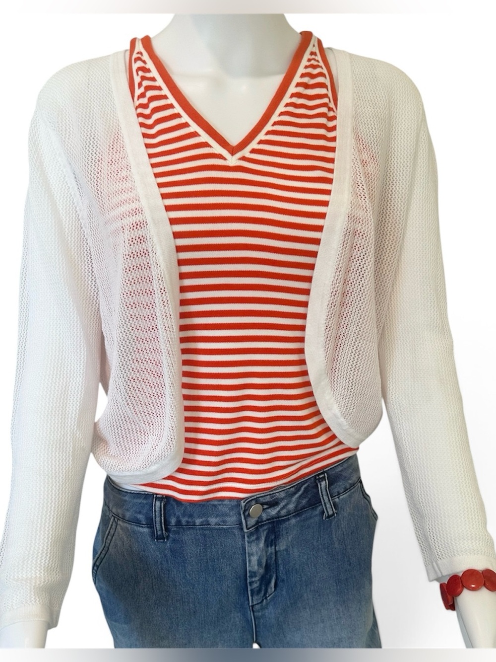 Talbots White Open-Front Mesh Crop Cardigan Small